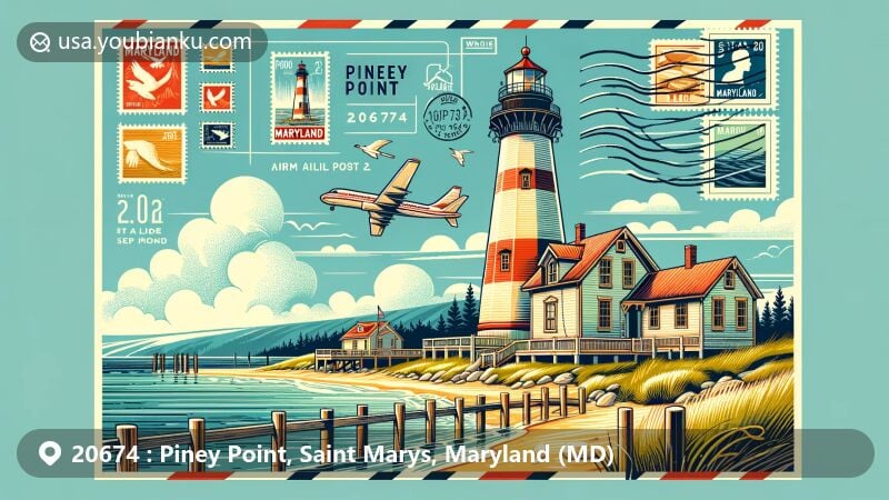 Modern illustration of Piney Point Lighthouse in Maryland, blending historic charm with scenic coastal beauty, incorporating postal elements and ZIP code 20674.