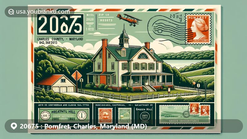 Modern illustration of Pomfret, Charles County, Maryland, showcasing historic landmarks Pleasant Hill and Green's Inheritance, reflecting 18th-century Southern Maryland architecture, with lush landscapes and postal theme, including ZIP code 20675.