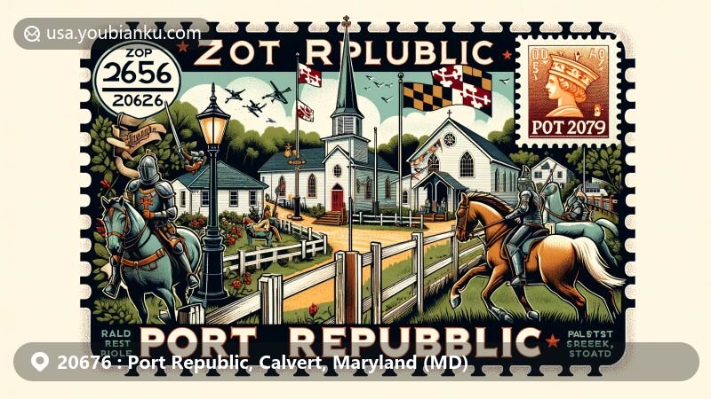 Modern illustration of Port Republic, Calvert County, Maryland, featuring rural charm and iconic symbols like Christ Episcopal Church and the Calvert County Jousting Tournament, with a postal theme and ZIP code 20676.