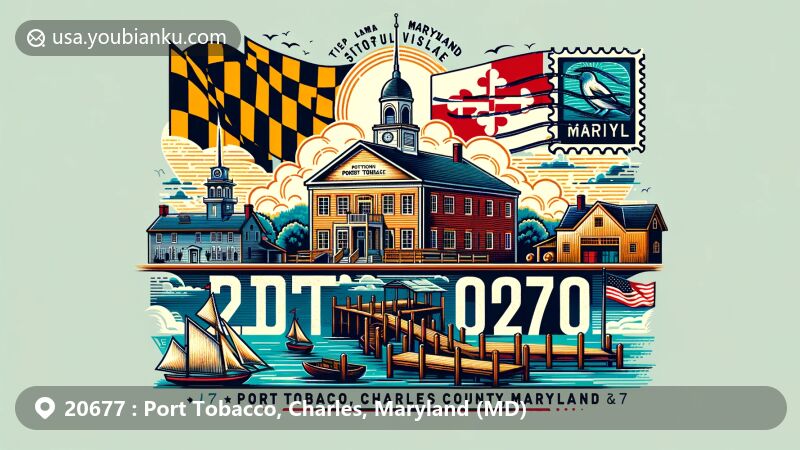 Modern illustration of Port Tobacco, Charles County, Maryland, with ZIP code 20677, showcasing Historic Port Tobacco Village, Port Tobacco Courthouse, Stagg Hall, Maryland state flag, and Charles County outline.