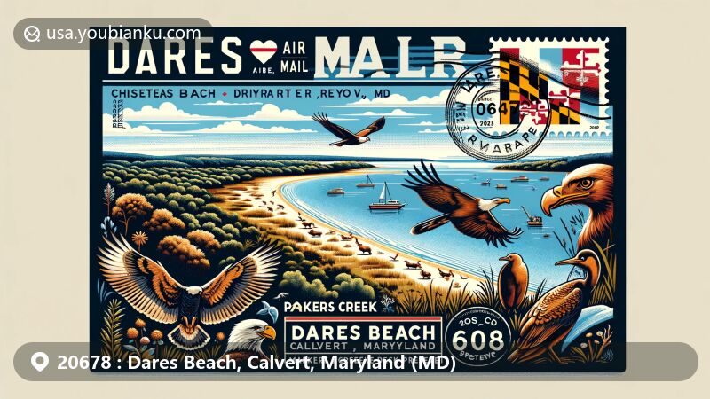 Modern illustration of Dares Beach, Calvert, Maryland, highlighting ZIP code 20678 in air mail envelope design, featuring Chesapeake Bay shoreline, Parkers Creek Preserve wildlife, and Maryland imagery.