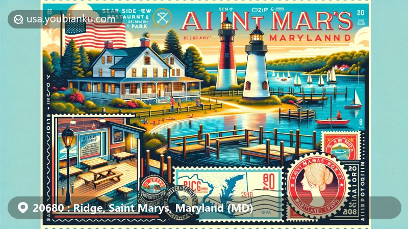 Modern illustration of Sea Side View Restaurant and Recreation Park in Ridge, Saint Marys, Maryland, showcasing waterfront charm and colonial-style lighthouse, with vintage stamp bearing ZIP code 20680.