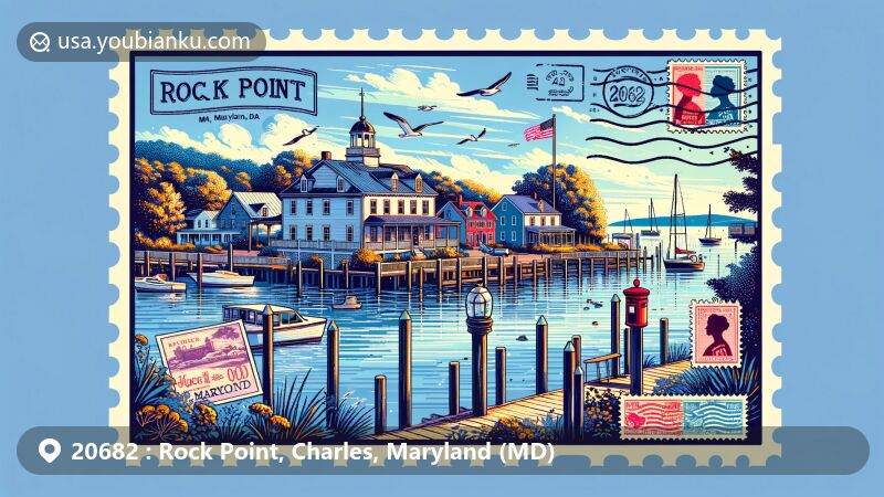 Vibrant illustration of Rock Point, Maryland, merging scenic waterfront and historic Rock Hall, with postal theme and ZIP Code 20682, capturing travel essence.