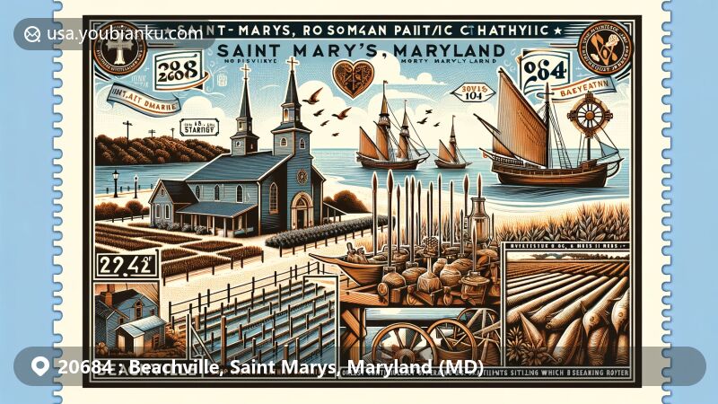 Modern illustration of Beachville, Saint Marys, Maryland, resembling a vintage postcard with cultural and historical motifs, featuring St. Ignatius Roman Catholic Church, artifacts from Ark and Dove ships, waterfront scenes, and agricultural references.