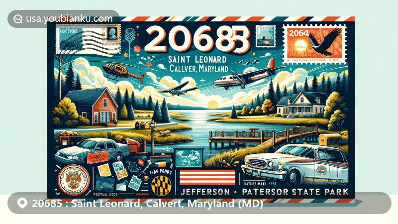 Modern illustration of Saint Leonard, Calvert, Maryland, highlighting postal theme with ZIP code 20685, featuring Flag Ponds Nature Park, Jefferson Patterson State Park, and local landmarks, integrating postcard elements and scenic Chesapeake Bay view.