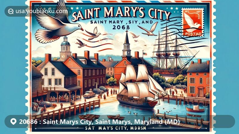 Modern illustration of Saint Marys City, Saint Marys, Maryland, featuring elements of Historic St. Mary's City and modern postal design with ZIP code 20686.