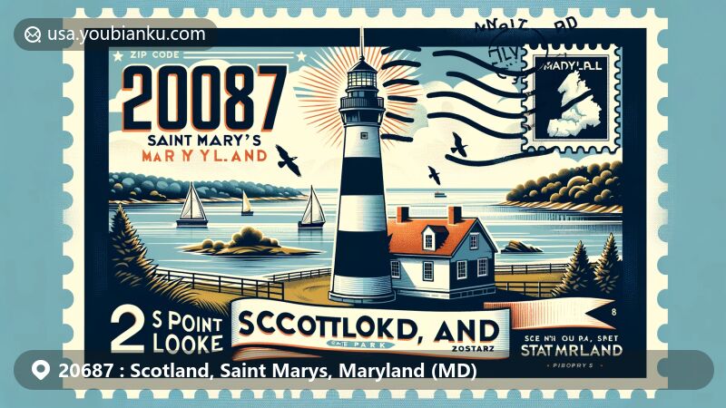 Modern illustration of Scotland, Saint Marys, Maryland (MD) with ZIP code 20687, highlighting the scenic beauty of Point Lookout State Park, showcasing the confluence of Chesapeake Bay and the Potomac River, iconic lighthouse, and Civil War symbols.