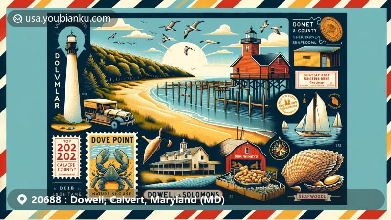 Modern illustration of Dowell and Solomons, Calvert County, Maryland, featuring notable landmarks and cultural symbols for ZIP code 20688, including Flag Ponds Nature Park, Cove Point Lighthouse, Drum Point Lighthouse, J.C. Lore & Sons Oyster House, local wineries, and seafood with Chesapeake Bay backdrop, set against a postal theme background.