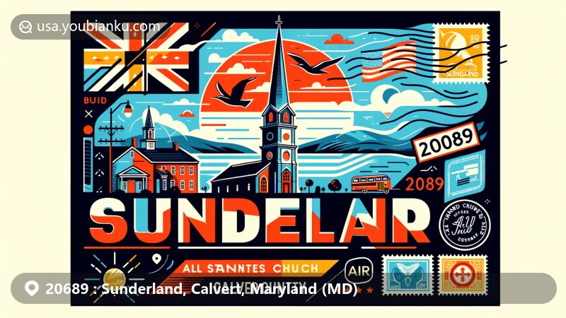 Modern illustration of Sunderland, Calvert County, Maryland, showcasing postal theme with ZIP code 20689, featuring All Saints' Church, Maryland state flag, and Calvert County silhouette.