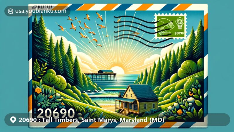 Modern illustration of Tall Timbers, Maryland, featuring lush greenery and rolling hills within a postal-themed airmail envelope, highlighting ZIP code 20690 and local pier.