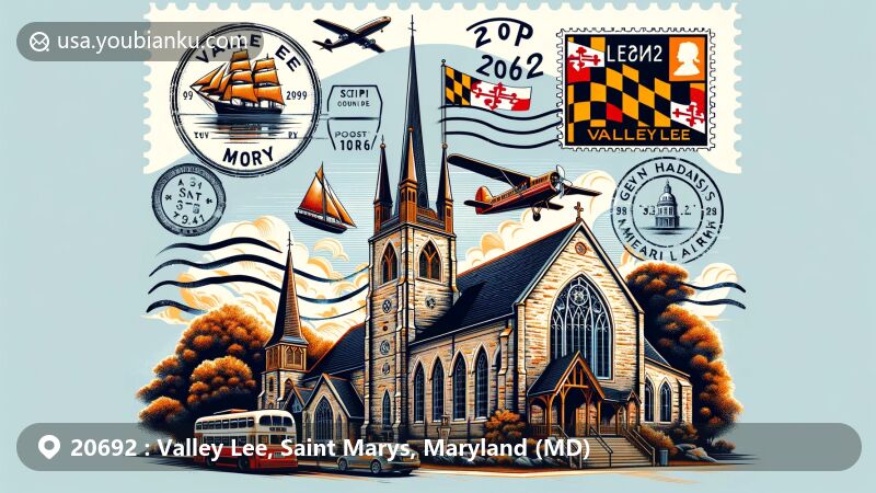Modern illustration of Valley Lee, Saint Marys County, Maryland, highlighting ZIP code 20692 and St. George's Episcopal Church, with vintage air mail envelope, Maryland state flag postage stamp and postal elements.