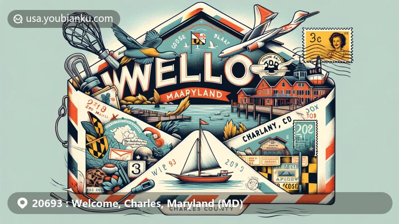 Creative illustration of Welcome, Charles County, Maryland, featuring airmail envelope with ZIP code 20693, Goose Bay marina, and Maryland state symbols.