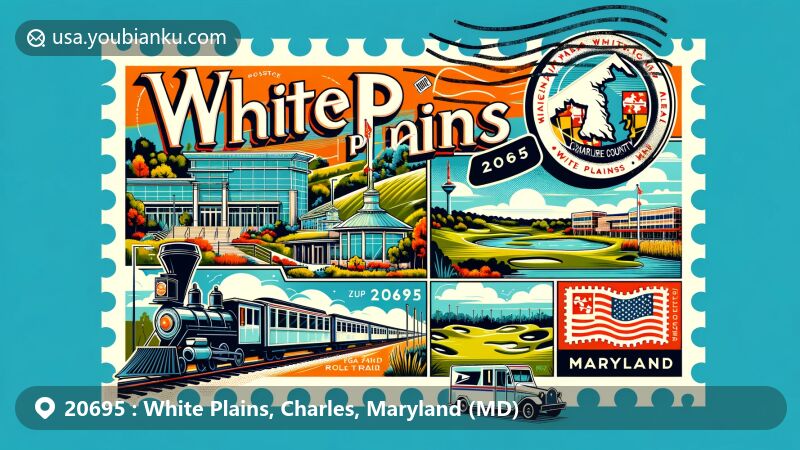 Modern illustration of White Plains, Charles County, Maryland, showcasing postal theme with ZIP code 20695, featuring scenic railway trail, public golf course, and modern office park, symbolizing local development and amenities, including stylized map outline of Charles County, highlighting its position in Maryland.