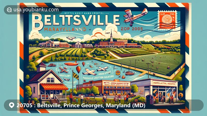Modern illustration of Beltsville, Maryland, in Prince Georges County, highlighting the USDA's Beltsville Agricultural Research Center, cultural diversity, parks, and local landmarks, portraying a blend of rural and urban lifestyle with a creative postcard design featuring postal elements.