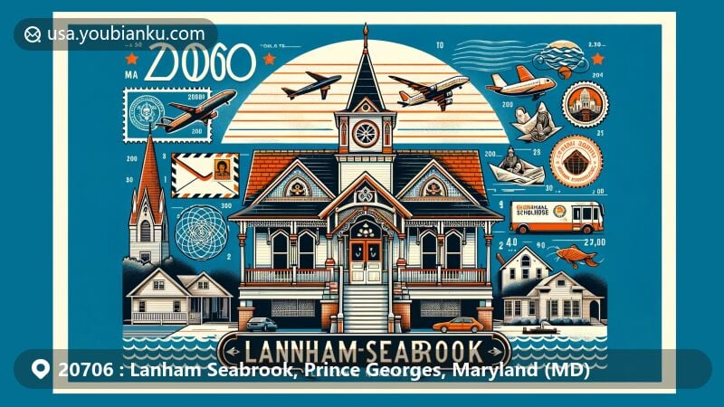 Modern illustration of Lanham-Seabrook, Maryland, showcasing postal theme with ZIP code 20706, featuring Seabrook Schoolhouse and Lanham Skate Center, representing community diversity through temples and public schools.