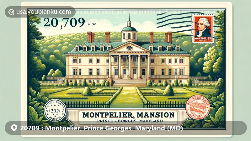 Modern illustration of Montpelier Mansion in Prince Georges County, Maryland, capturing the area's natural beauty and historical charm with ZIP code 20709, featuring postcard design with stamp and postmark details.