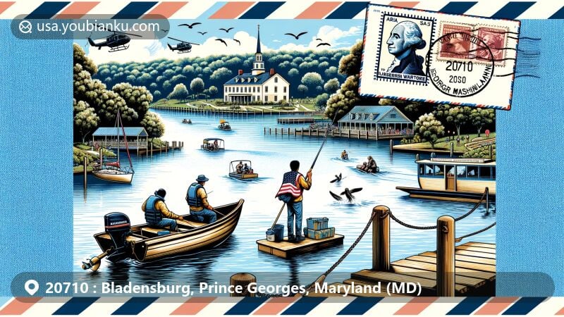 Modern illustration of Bladensburg, Maryland, showcasing waterfront park and George Washington's historical home on an airmail envelope, featuring Anacostia River, a boat, and a fisherman, with vintage stamps representing Bladensburg Battle and Maryland flag, stamped with ZIP code 20710.