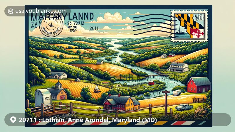 Modern illustration of Lothian, Maryland, featuring rural landscape of Anne Arundel County with rolling hills, farms, forests, and streams. Includes Maryland state flag and Anne Arundel County outline.