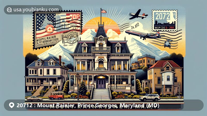 Modern illustration of Mount Rainier, Prince Georges County, Maryland, featuring Mount Rainier Historic District with Queen Anne and early 20th-century American architectural styles, Washington D.C. proximity, and postal elements like vintage air mail envelope, ZIP code 20712 stamp, and postmark.