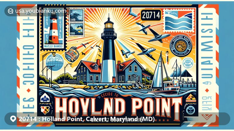 Artistic representation of Holland Point in Calvert County, Maryland, blending postal elements like postcard, air mail envelope, stamps, and postmark with Cove Point Lighthouse.