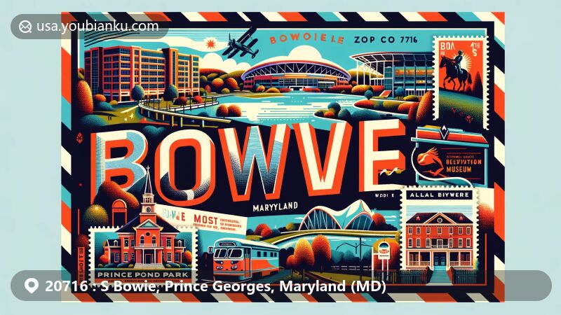 Modern illustration of Bowie, Prince Georges, Maryland (MD), highlighting unique charm and cultural elements like Prince George's Stadium, Allen Pond Park, Belair Mansion, and the National Capital Radio & Television Museum. Postal-themed design with vintage air mail borders, landmark stamps, 'Bowie, Maryland 20716' postmark, and iconic mail elements like a mailbox or mail truck.
