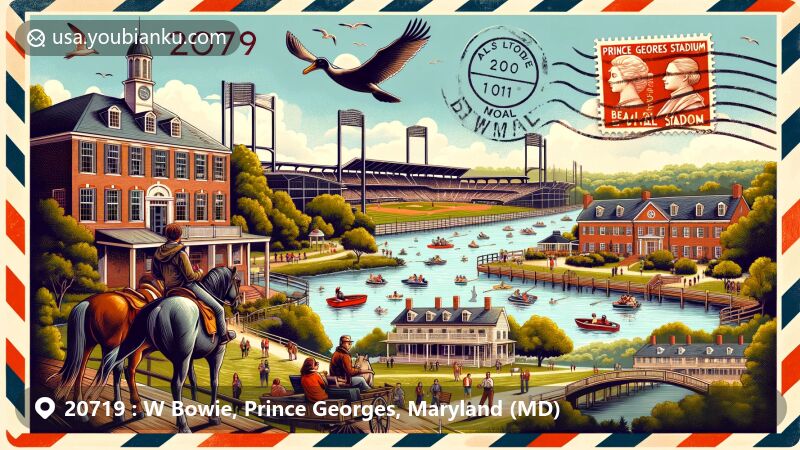 Modern illustration of W Bowie area, Prince Georges County, Maryland, showcasing landmarks and cultural heritage with ZIP code 20719, including Prince George's Stadium, Allen Pond Park, Belair Mansion, and Belair Stable Museum.
