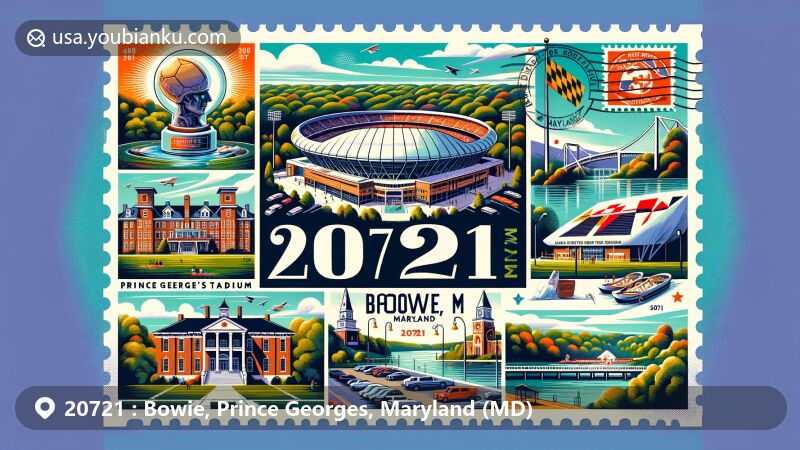 Modern illustration of Bowie, Maryland, featuring key landmarks and cultural icons like Prince George's Stadium, Allen Pond Park, Belair Mansion, and the National Capital Radio & Television Museum, creatively incorporating the ZIP code 20721, stamp, and postmark.
