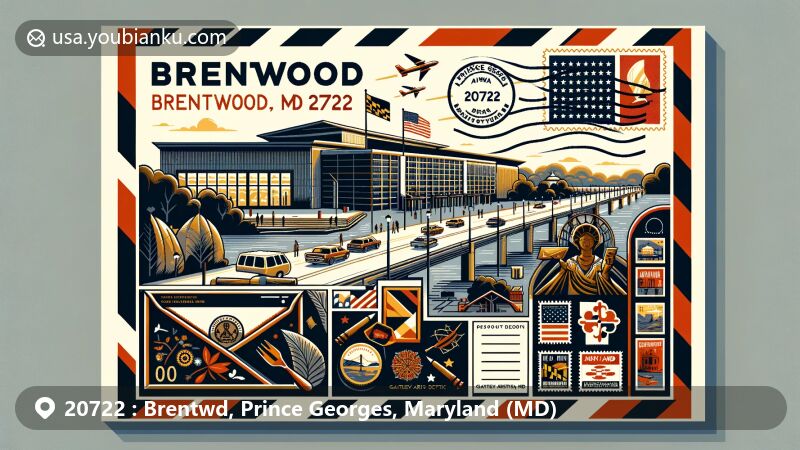 Modern postcard illustration of Brentwood, Maryland 20722, showcasing Prince George's African American Museum and Cultural Center, American postal elements, Maryland state flag, and artistic symbols from the Gateway Arts District.
