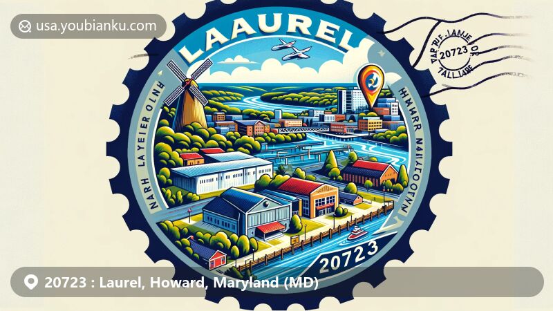 Modern illustration of Laurel, Howard County, Maryland, representing ZIP code 20723 with iconic elements like Patuxent River and North Laurel Community Center, showcasing city's blend of residential areas and natural landscape.