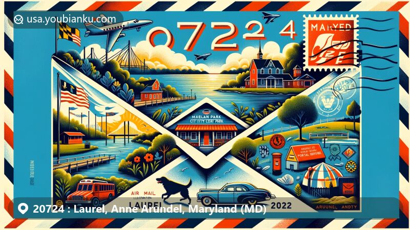 Modern illustration of Laurel, Anne Arundel County, Maryland, showcasing postal theme with ZIP code 20724, featuring Laurel flag, Maryland City Park elements, including dog park, baseball field, trails, and Patuxent River.