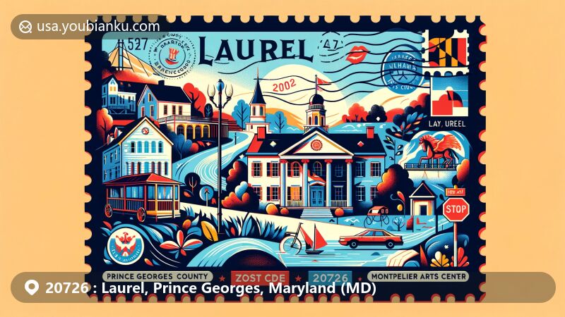 Modern illustration of Laurel, Prince Georges County, Maryland (MD), showcasing postal theme with ZIP code 20726, featuring representative historical buildings and cultural arts elements.