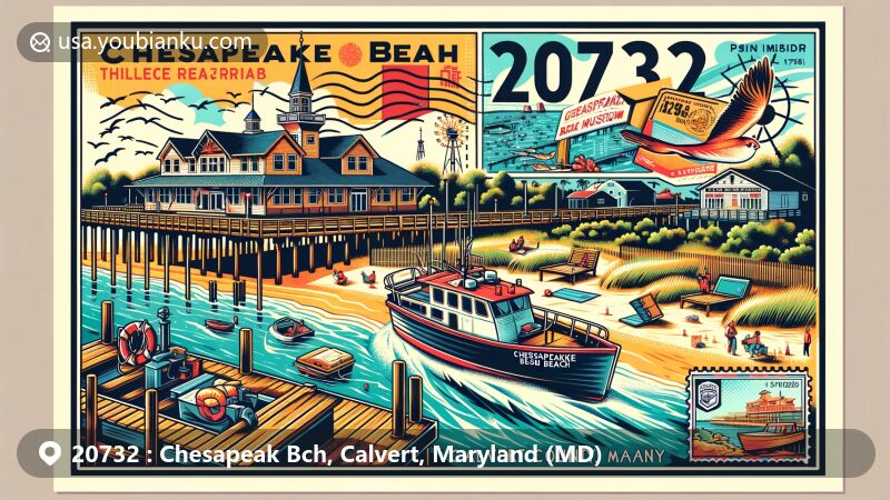 Modern illustration of Chesapeake Beach, Calvert County, Maryland, featuring Chesapeake Beach Railway Museum, boardwalk along Chesapeake Bay, fishing culture symbols, and postal theme with ZIP code 20732.