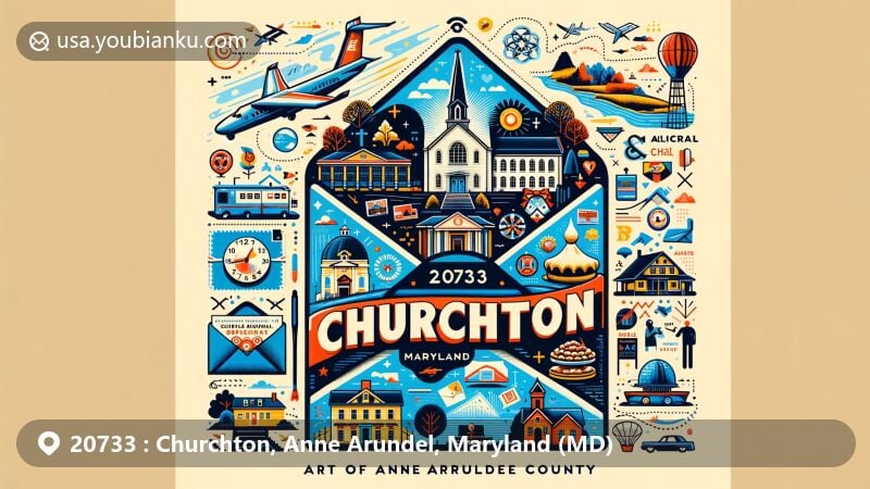 Modern illustration of Churchton, Maryland, featuring postal theme with ZIP code 20733, incorporating symbols of Anne Arundel County and local community, capturing essence of Metro Baltimore area.