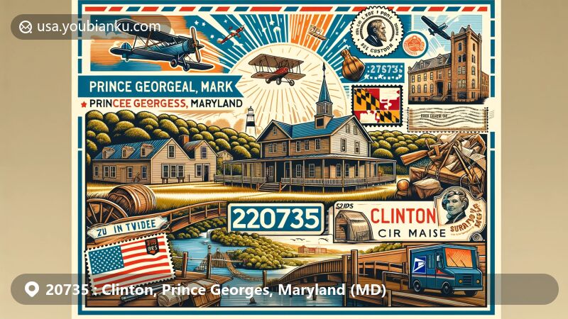 Modern illustration of Clinton, Prince Georges County, Maryland, showcasing ZIP code 20735, featuring Cosca Regional Park, Surratt House Museum, and postal elements with vintage air mail envelope, Maryland state flag postage stamp, postal truck, and ZIP code 20735.