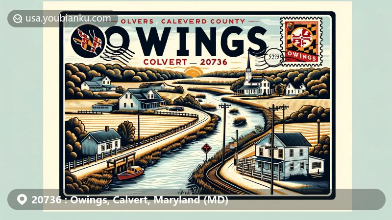 Modern illustration of Owings, Calvert County, Maryland, displaying postal code 20736 in a postcard format, featuring picturesque exurban landscape with farmland, homes, wooded areas, and stylized Patuxent River.