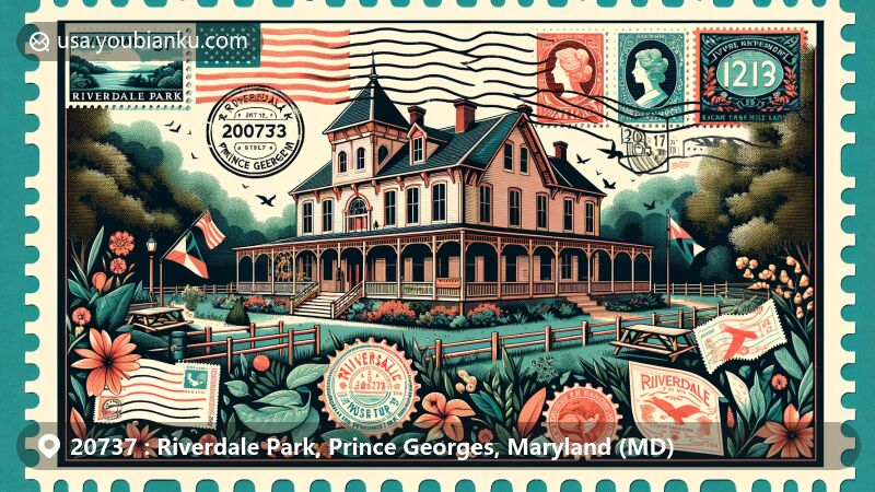 Modern illustration of Riverdale Park, Prince Georges, Maryland, featuring Riversdale House Museum, lush gardens, and community spaces, incorporating postal elements with ZIP code 20737.