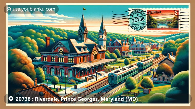 Modern illustration of Riverdale Park Historic District and Riversdale House Museum in ZIP Code 20738, Riverdale, Maryland, featuring charming view with railroad station, lush greenery, and Georgian architecture.
