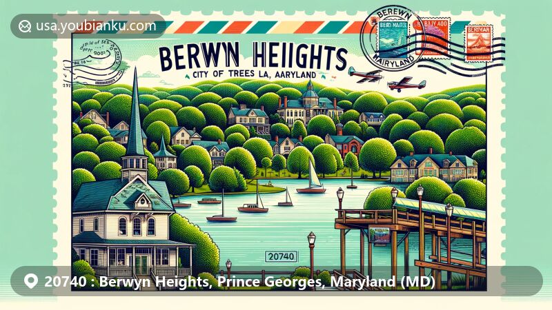 Modern illustration of Berwyn Heights, Maryland, highlighting 'City of Trees' title, lush landscapes, and Lake Artemesia, with silhouette of historical O'Dea House, and postal theme with ZIP code 20740.
