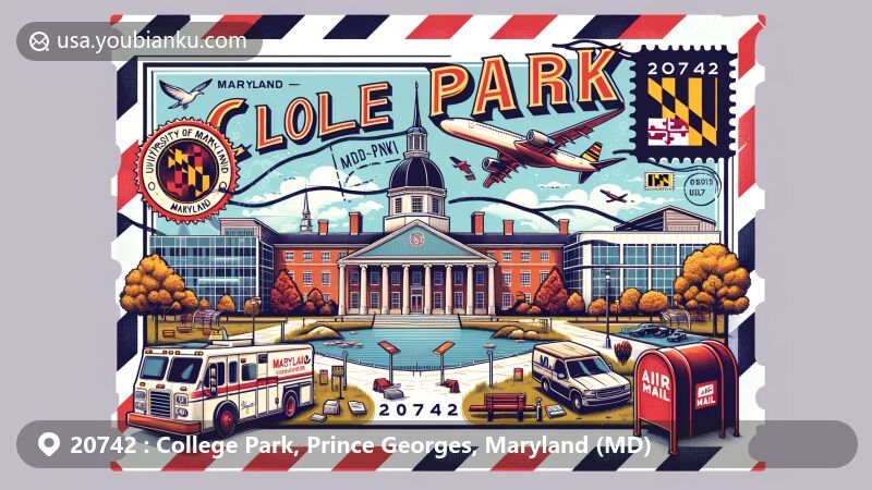 Modern illustration of College Park, Maryland, with ZIP code 20742, highlighting University of Maryland, College Park, College Park Airport, Lake Artemesia, and Maryland state flag.