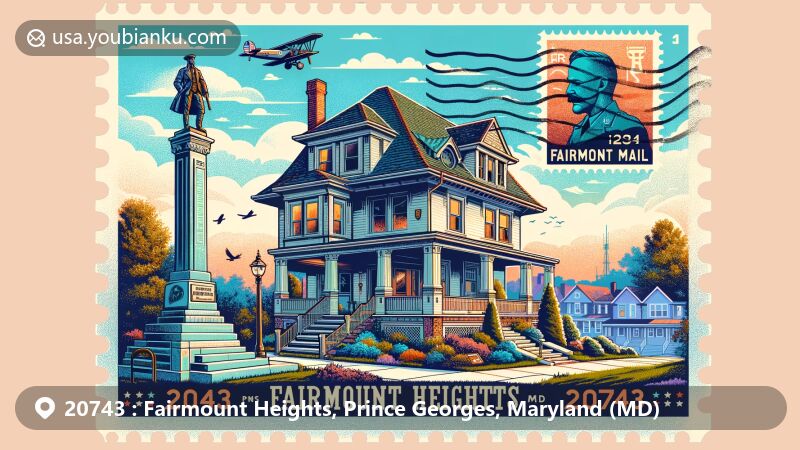 Modern illustration of Fairmount Heights, Prince Georges County, Maryland, ZIP code 20743, featuring the historic Henry Pinckney House and World War II Monument, with vibrant postal theme elements.