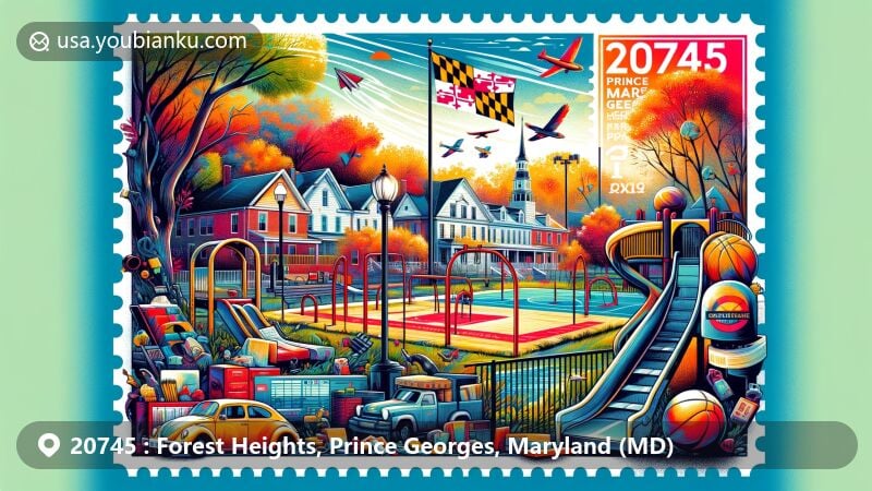 Modern illustration of Forest Heights, Prince Georges County, Maryland, featuring Forest Heights Park, Maryland state flag, and postal elements, representing ZIP code 20745.