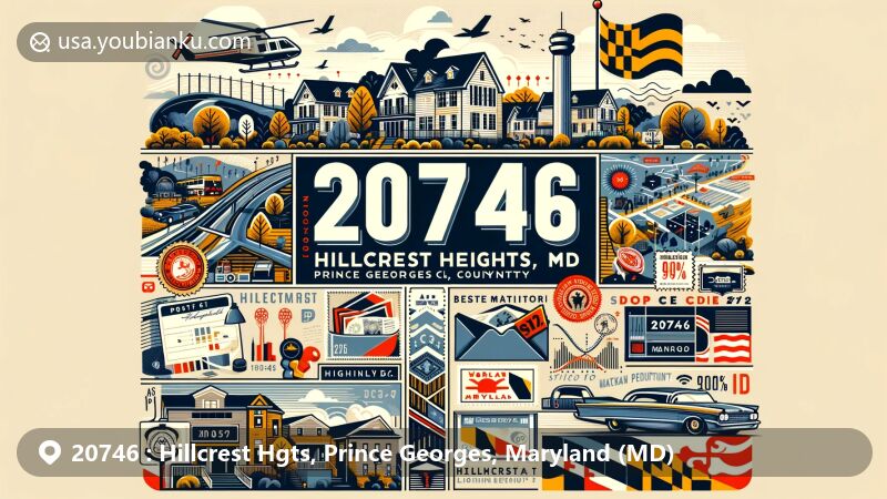 Modern illustration of Hillcrest Heights, Prince Georges County, Maryland, showcasing African American cultural heritage with references to Colebrook estate, urban-suburban mix, and Maryland state symbols, including vintage postal elements for ZIP code 20746.
