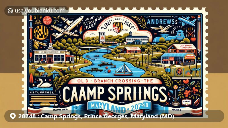 Modern illustration of Camp Springs, Maryland, featuring Old Branch Crossing/The Market as a community hub, Camp Springs Park with green spaces and recreational facilities like tennis courts and playgrounds, symbolizing outdoor activities and family-friendly spaces.
