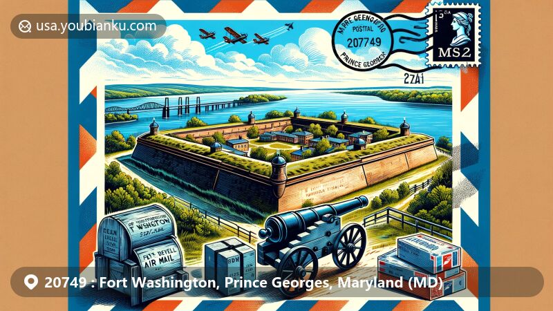 Illustration of Fort Washington, Maryland, highlighting historical and postal significance with Fort Washington Park, War of 1812 and Civil War heritage, postal themes, ZIP code '20749', and transition to a suburban community.