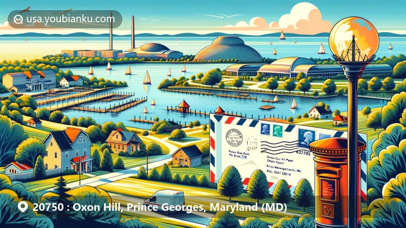 Modern illustration of Oxon Hill, Prince Georges County, Maryland, featuring landmarks like Oxon Cove Park, Oxon Hill Farm, and Oxon Hill Manor, with a postal theme including postcard design and ZIP Code 20750.