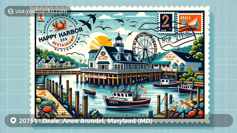 Modern illustration of Deale, Maryland, showcasing fishing village life with Happy Harbor Restaurant, traditional boats on Rockhold Creek, Deale Museum, and local marine life like crabs and seabirds.
