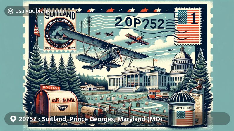 Modern illustration of Suitland, Prince Georges, Maryland, showcasing postal theme with ZIP code 20752, featuring Suitland Federal Center, vintage airfield, cedar trees, and Suitland Metro station.