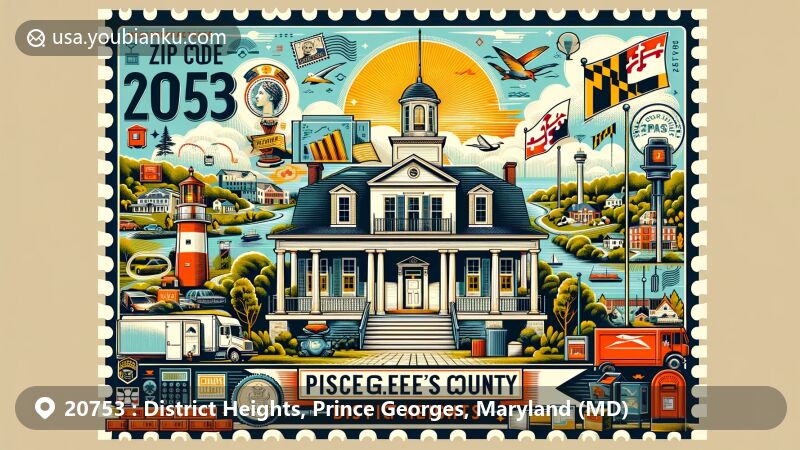 Modern illustration of ZIP code 20753, District Heights, Maryland, featuring historic Concord house with Greek Revival and Federal architectural styles, surrounded by elements representing Prince George's County's natural beauty, parks, vibrant community, and proximity to Washington D.C.