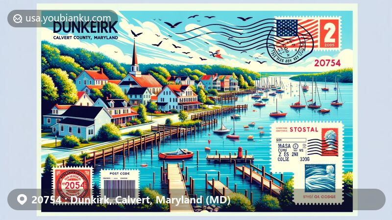 Modern illustration of Dunkirk, Calvert County, Maryland, showcasing postal theme with ZIP code 20754, featuring the Patuxent River and lush green surroundings.