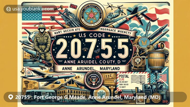 Modern illustration of Fort George G. Meade, Anne Arundel County, Maryland, reflecting military and postal themes, featuring NSA, U.S. Army Field Band, and vintage postal elements with ZIP code 20755.